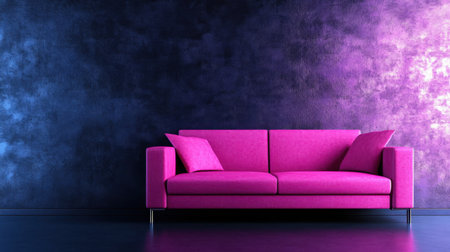A modern pink sofa featured against a vibrant, colorful wall. This stylish setup creates a contemporary living room atmosphere ideal for relaxation and design inspiration.の素材