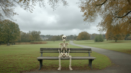 A whimsical skeleton figure sits alone on a park bench, surrounded by an autumn landscape. The scene evokes feelings of solitude and humor in a tranquil outdoor setting.の素材