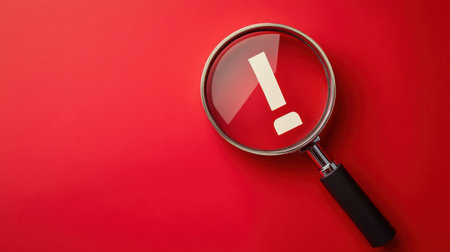 This image features a magnifying glass focusing on an exclamation point, set against a bright red background. It symbolizes alertness and importance, perfect for emphasizing messages.の素材