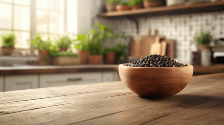 A beautiful arrangement of fresh black peppercorns in a wooden bowl on a rustic kitchen table, creating an inviting and warm atmosphere for culinary creativity.の素材