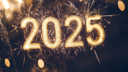 Shimmering golden numbers 2025 sparkle brightly, symbolizing the excitement and joy of New Year celebrations. Perfect backdrop for holiday events!の素材