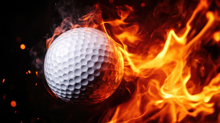 A striking image of a golf ball engulfed in vibrant flames, symbolizing energy and passion in sports. Perfect for conveying intensity and excitement.の素材