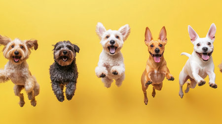 A vibrant image showcasing joyful dogs leaping in the air against a bright yellow background, capturing their playful spirit and excitement. Perfect for pet lovers!の素材