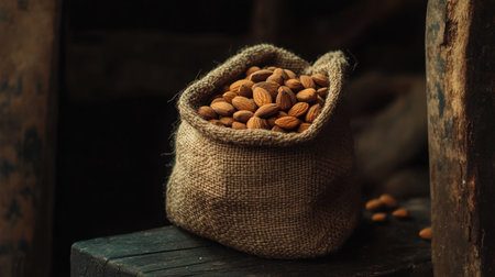 A burlap sack filled with brown almonds rests on a wooden table, showcasing natural textures and a rustic aesthetic perfect for food-related themes.の素材