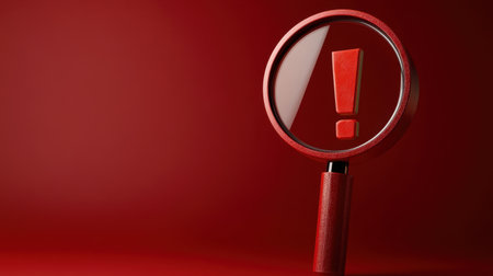 A striking red magnifying glass featuring a bold exclamation mark symbolizes attention and urgency against a simple red background. Ideal for conveying alertness and emphasis.の素材