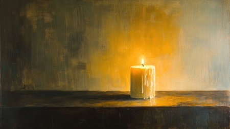 A serene image of a single candle emitting a soft, warm glow against a dark background, evoking tranquility and calmness, perfect for artistic and decorative needs.の素材