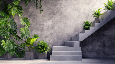 A sleek concrete staircase complements lush greenery in a modern interior. This tranquil setting combines architecture with nature, creating a serene atmosphere.の素材