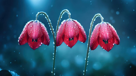 Stunning close-up of vibrant red flowers adorned with sparkling dew drops, set against a misty backdrop. This image captures the essence of nature's beauty.の素材