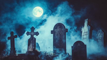 A haunting graveyard scene featuring weathered tombstones shrouded in fog under a luminous full moon, evoking a sense of mystery and the supernatural.の素材