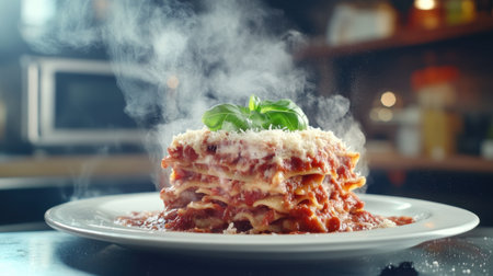 A delicious layered lasagna dish, adorned with melted cheese and fresh basil, served hot on a plate. Perfect for Italian cuisine lovers.の素材