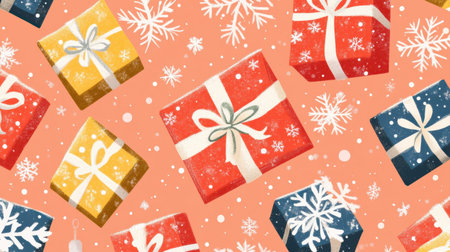 This vibrant image features an array of colorful gift boxes adorned with ribbons and snowflakes, set against a warm festive background, perfect for holiday-themed designs.の素材