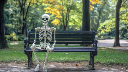 A life-size skeleton sits on a park bench, surrounded by trees. The scene captures a blend of humor and tranquility, perfect for seasonal themes.の素材