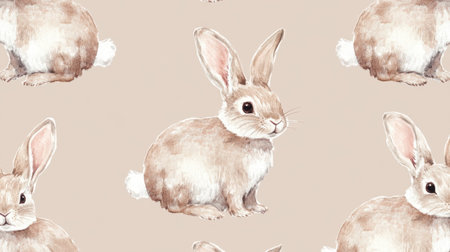 This charming watercolor illustration features cute rabbits sitting against a soft beige background. Ideal for children's decor, invitations, or artistic projects.の素材