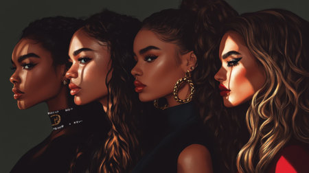 This striking illustration showcases four women with diverse hairstyles and skin tones, celebrating beauty and individuality through elegant profiles and dramatic lighting.の素材