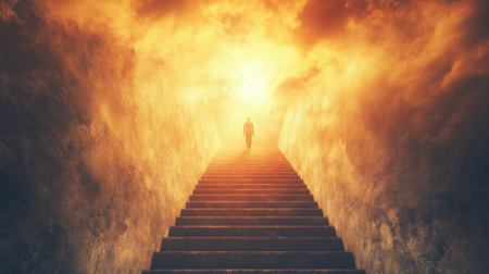 A lone figure climbs a staircase that leads to a bright, ethereal light amidst dramatic clouds, symbolizing the journey of hope, exploration, and transcendence.の素材