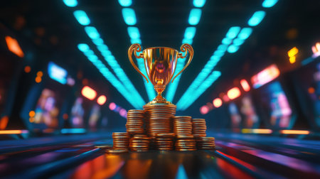 A stunning golden trophy placed atop a stack of coins in a vibrant, neon-lit environment. This visually striking composition symbolizes victory and success in competitions.の素材