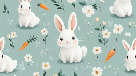 Adorable cartoon rabbits surrounded by carrots and flowers create a playful and charming design. Perfect for spring-themed projects and children illustrations.の素材