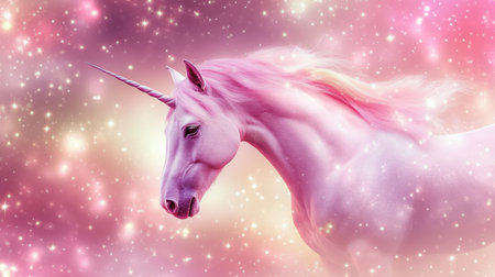 This stunning illustration features a majestic unicorn against a dreamy pink background filled with sparkling stars, perfect for fantasy and magical themes.の素材