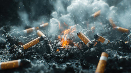 A dramatic scene capturing smoldering cigarettes among ashes and smoke, highlighting environmental pollution and the dangers of tobacco waste in the atmosphere.の素材