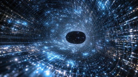 Explore the mesmerizing beauty of space in this image showcasing a cosmic journey filled with glowing stars spiraling toward a dark void.の素材