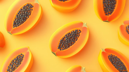 Discover the vibrant beauty of fresh papaya slices arranged artistically on a bright yellow background. Perfect for food-themed projects, this image showcases the nutritious qualities of tropical fruits.の素材