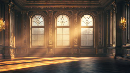 This image captures the beauty of an elegant historic room filled with warm sunlight. The ornate architecture and intricate details create a serene ambiance.の素材
