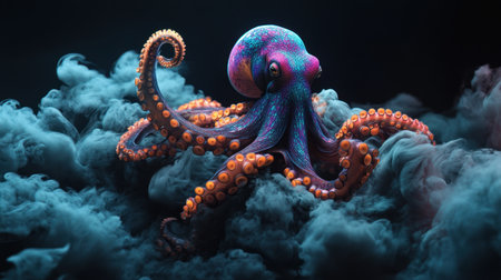 A stunning and vibrant octopus emerges from colorful smoke, creating a surreal underwater scene. This imaginative marine creature showcases intricate details and exquisite colors.の素材