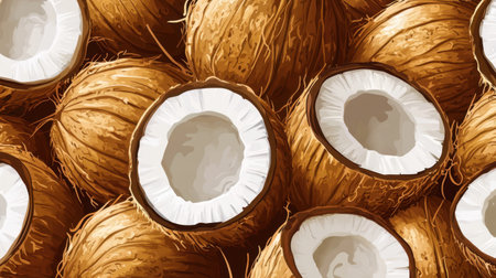 A vibrant collection of fresh coconut shells stacked together, showcasing their textured brown outer skin and creamy white interior. Perfect for culinary and tropical themes.の素材