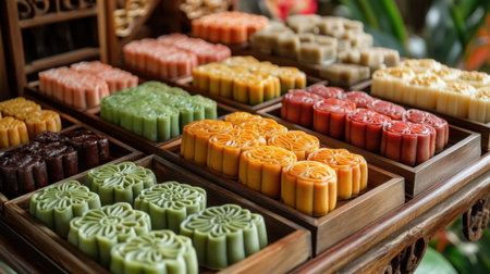 A vibrant display of traditional candies arranged beautifully on wooden trays. Various colors and intricate shapes create an appealing visual perfect for festive occasions.の素材