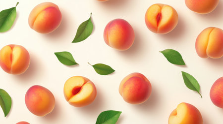 A vibrant flat lay of fresh peaches and green leaves on a white background, showcasing the juicy texture and natural colors of summer fruit, perfect for culinary uses.の素材