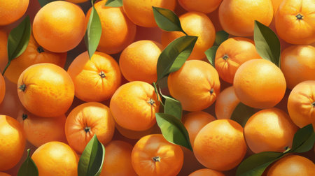 A vibrant display of fresh oranges with green leaves, showcasing the natural beauty and freshness of citrus fruits, perfect for culinary and healthy lifestyle themes.の素材