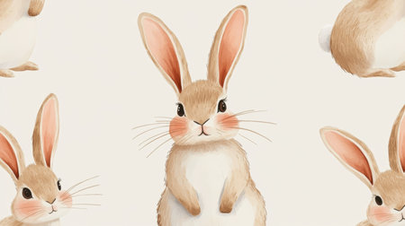 This delightful illustration features cute hand-drawn rabbits in soft colors, perfect for children's decor or thematic designs. The charming characters evoke joy and playfulness.の素材