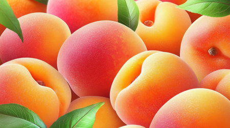 A close-up view of fresh peaches showcasing their vibrant colors and textures. Perfect for themes of health, nature, and summer enjoyment in culinary art.の素材