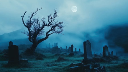 An atmospheric graveyard scene featuring mist, shadows, and a gnarled tree under moonlight. The eerie fog creates a haunting and tranquil ambiance, ideal for evoking feelings of mystery.の素材