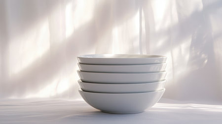 A serene composition featuring a stack of five white bowls arranged on a table. The soft natural light adds warmth and elegance to the minimalist scene.の素材