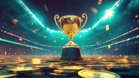 A stunning trophy sits majestically on a bed of coins, illuminated by bright stadium lights. Perfect for concepts of victory, achievement, and celebration in sports or competitions.の素材