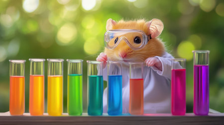 A curious hamster wearing goggles and a lab coat conducts a colorful experiment with test tubes filled with vibrant liquids. Perfect for educational themes.の素材