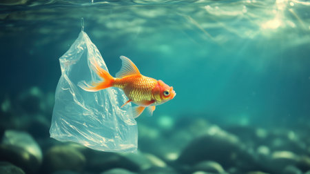 A goldfish swims gracefully near a discarded plastic bag, highlighting environmental issues. This image captures the beauty of aquatic life and the impact of pollution.の素材