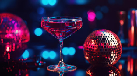 A beautiful cocktail glass filled with vibrant liquid stands against a colorful bokeh backdrop, accentuated by sparkling disco balls, creating a lively party atmosphere.の素材
