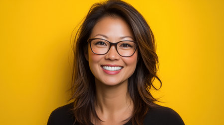 A cheerful woman wearing glasses smiles warmly against a bright yellow background, radiating confidence and charm. Perfect for lifestyle themes.の素材