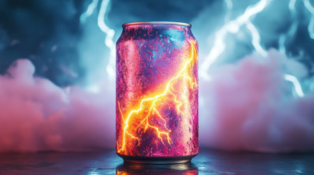 This vibrant soda can features an eye-catching lightning effect, combining rich colors and atmospheric elements, creating a unique and dynamic visual appeal.の素材