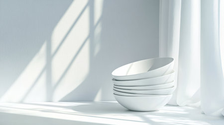 A serene composition featuring stacked white bowls against a sunlit windowsill. Soft shadows and sheer curtains create a tranquil and minimalist atmosphere.の素材