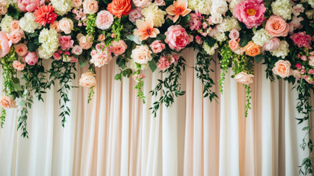 A stunning floral arrangement featuring soft peach and white blooms draped elegantly against a creamy backdrop. Perfect for weddings and celebrations.の素材