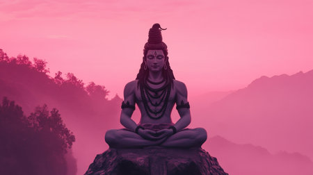 A striking depiction of a serene Shiva statue amidst a misty purple landscape at dusk, embodying tranquility and spiritual reflection in nature.の素材