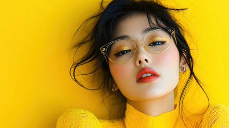 A captivating portrait of a young woman wearing a vibrant yellow sweater and stylish glasses. Her bold makeup and confident expression create an artistic and joyful atmosphere.の素材