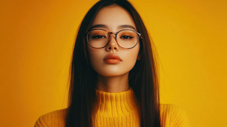 A striking portrait of a young woman wearing glasses and a yellow sweater, set against a warm yellow background. The image captures a fresh, confident aesthetic that radiates youthful charm.の素材