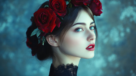 A captivating portrait of a young woman adorned with a crown of roses, showcasing elegance and beauty. The enchanting expression highlights artistry and grace.の素材