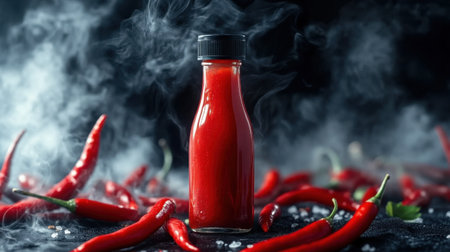 A vibrant bottle of spicy chili sauce stands prominently among red peppers, enveloped in a smoky aura, highlighting culinary creativity and flavor.の素材
