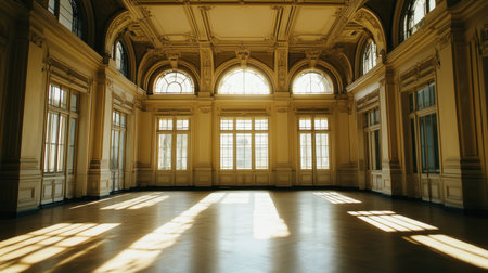 This grand historic interior features elegant architecture with sunlight casting beautiful patterns across the polished floor, showcasing a serene and tranquil atmosphere.の素材