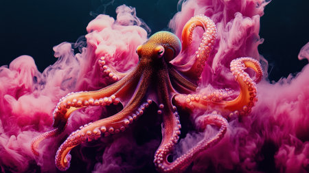 This stunning underwater image features a colorful octopus surrounded by vibrant pink smoke, capturing the beauty and mystery of marine life.の素材